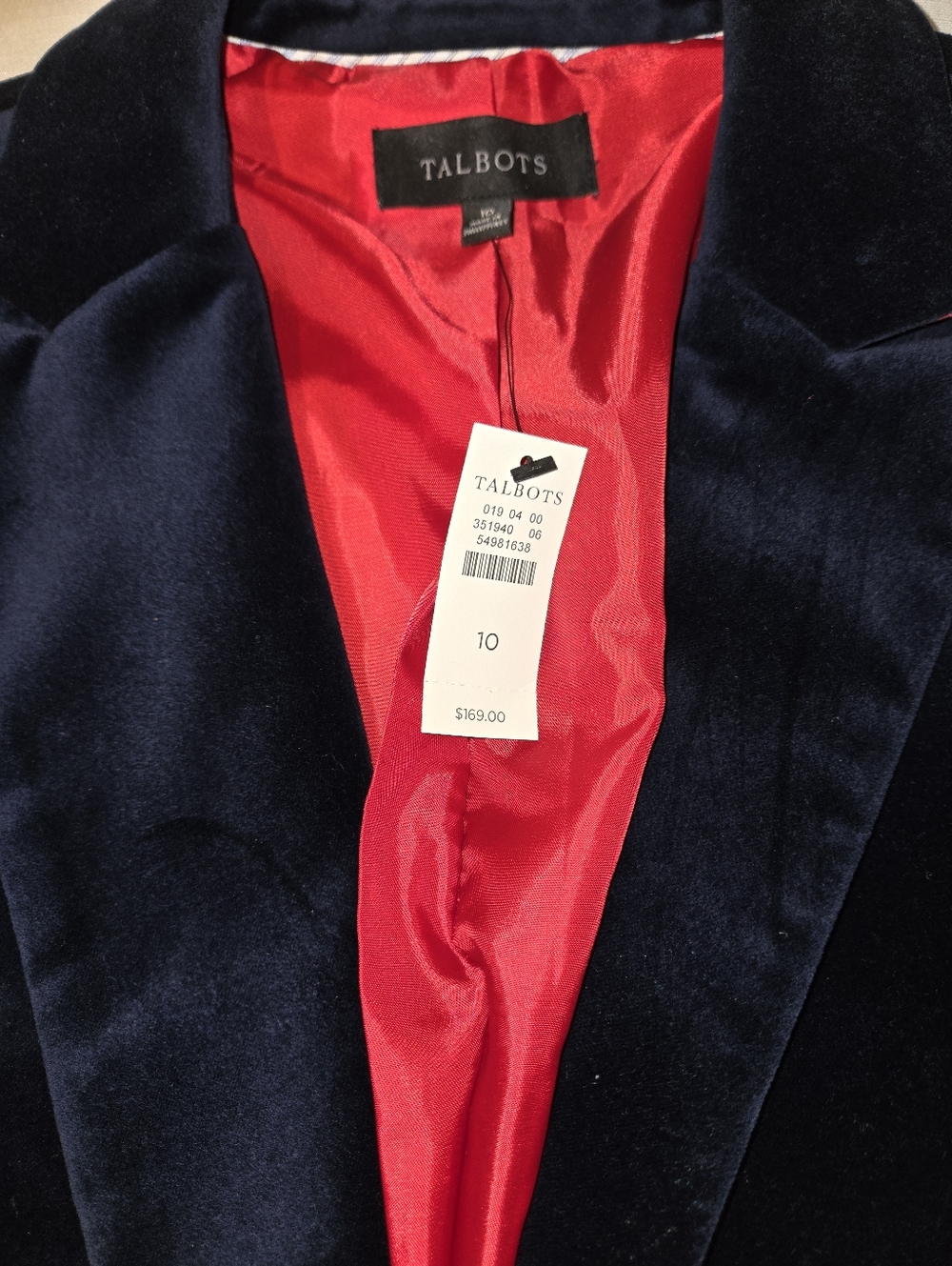 Talbots Navy Velvet Feel Blazer Red Lining NWT Size 10 Cotton Preppy Career Chic - Picture 3 of 6